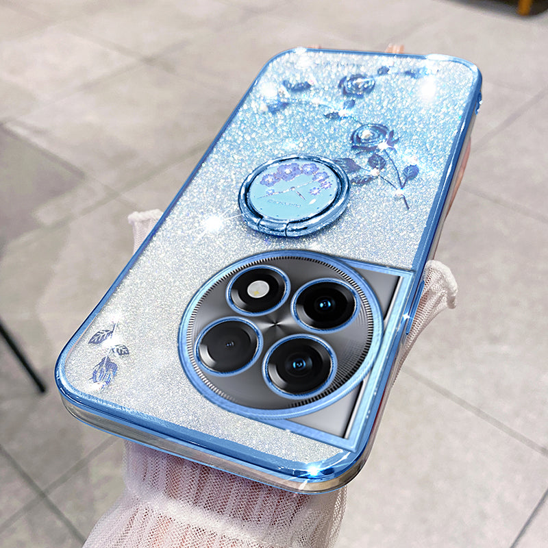 KADEM For OnePlus 11R 5G / Ace 2 5G Flower Pattern Drop-proof TPU Cover Ring Kickstand Glitter Phone Case - Blue