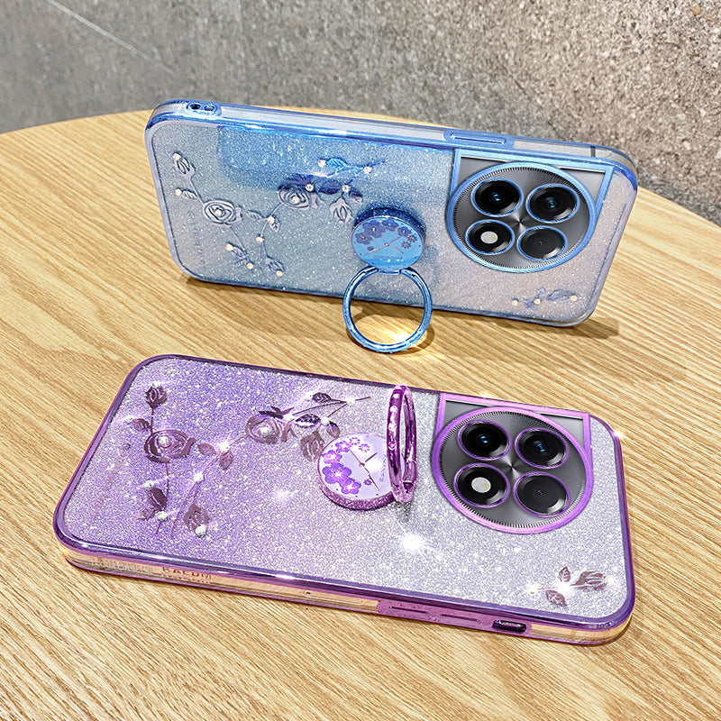 KADEM For OnePlus 11R 5G / Ace 2 5G Flower Pattern Drop-proof TPU Cover Ring Kickstand Glitter Phone Case - Blue