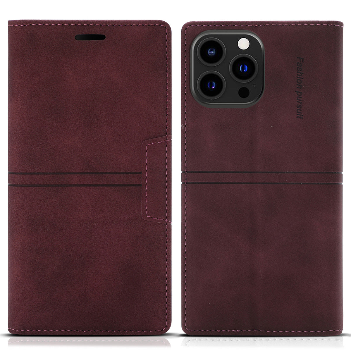 Wallet Phone Case for iPhone 15 Pro Max , PU Leather Stand Protective Phone Cover - Wine Red