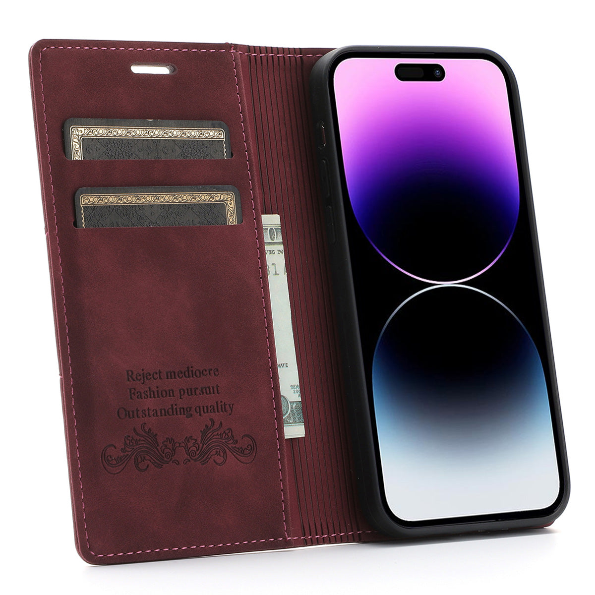 Wallet Phone Case for iPhone 15 Pro Max , PU Leather Stand Protective Phone Cover - Wine Red