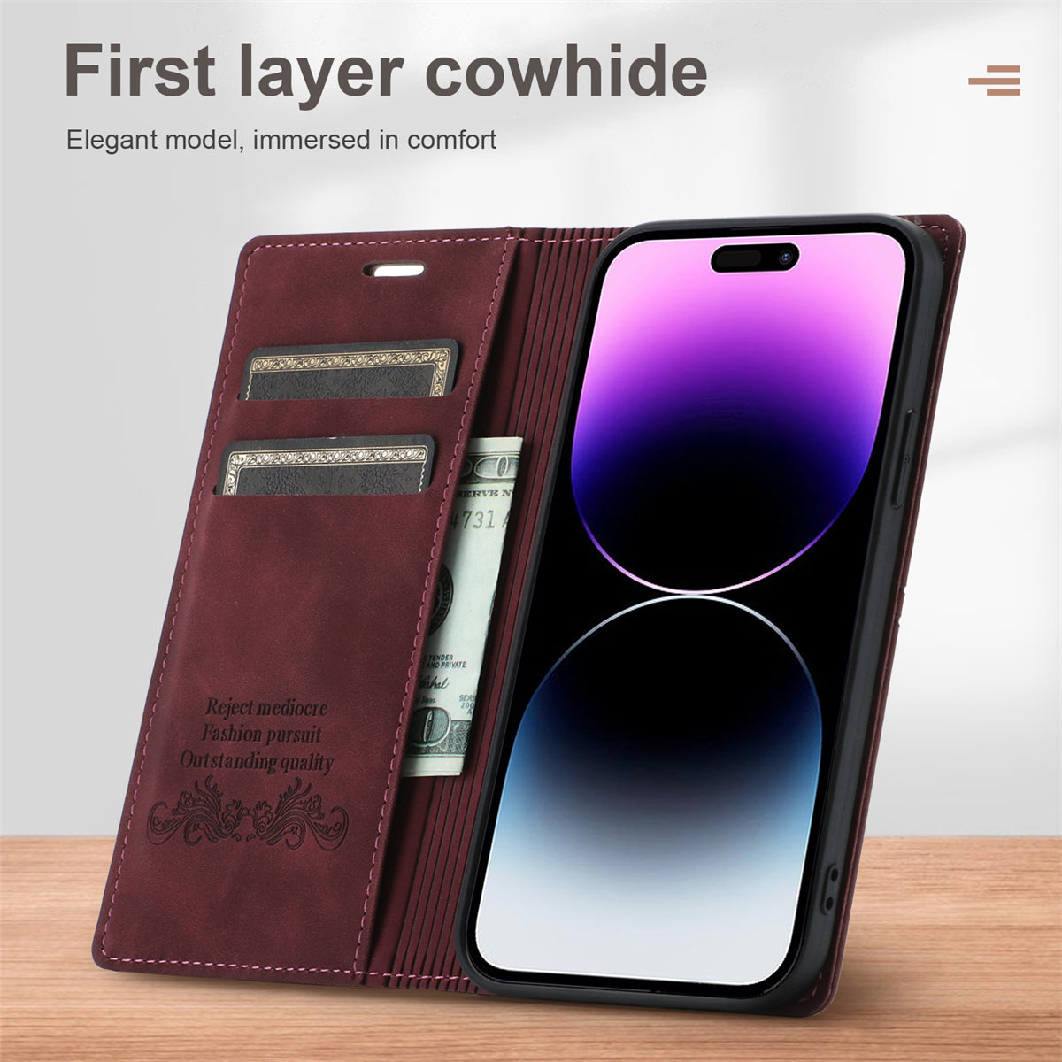 Wallet Phone Case for iPhone 15 Pro Max , PU Leather Stand Protective Phone Cover - Wine Red