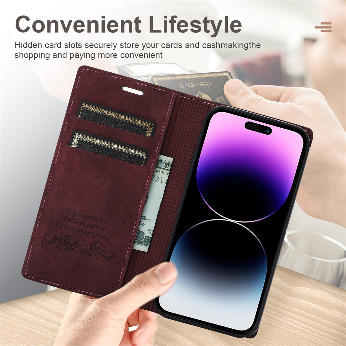 Wallet Phone Case for iPhone 15 Pro Max , PU Leather Stand Protective Phone Cover - Wine Red