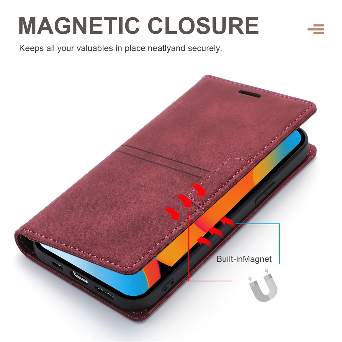 Wallet Phone Case for iPhone 15 Pro Max , PU Leather Stand Protective Phone Cover - Wine Red