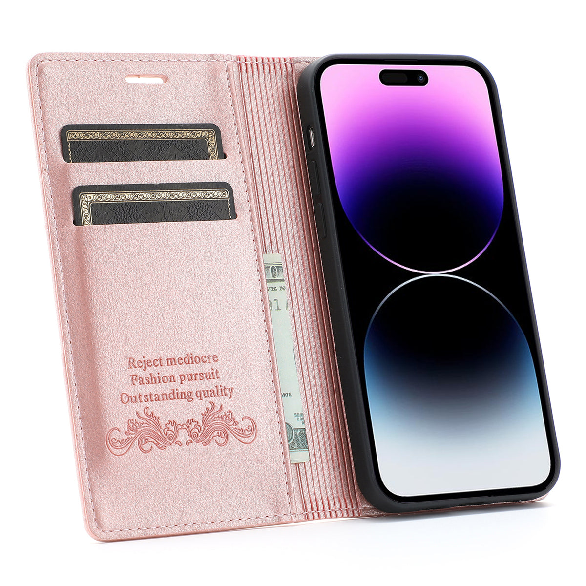 Wallet Phone Case for iPhone 15 Pro Max , PU Leather Stand Protective Phone Cover - Rose Gold