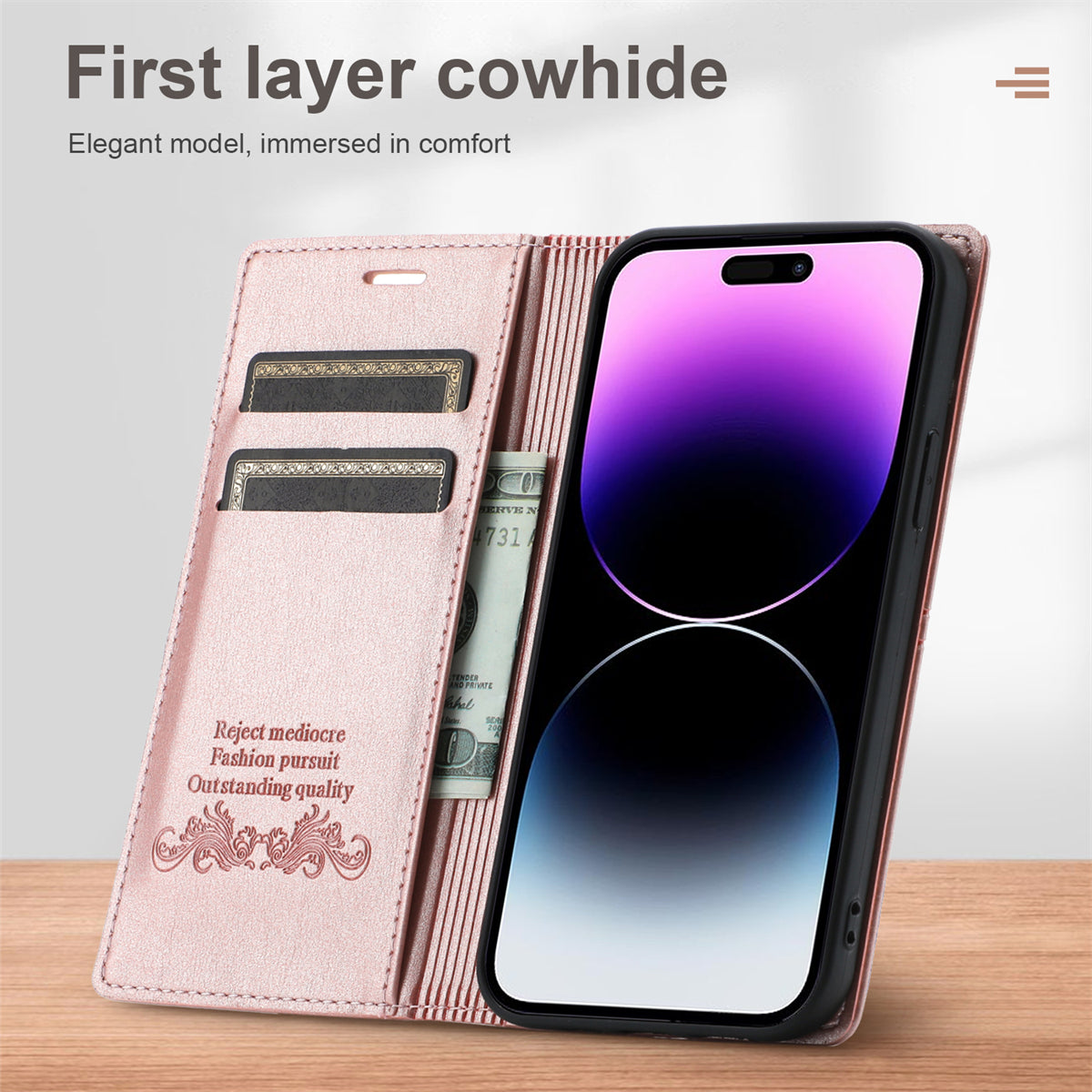 Wallet Phone Case for iPhone 15 Pro Max , PU Leather Stand Protective Phone Cover - Rose Gold