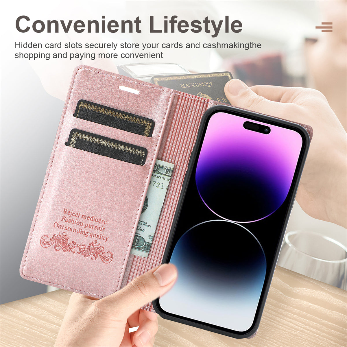 Wallet Phone Case for iPhone 15 Pro Max , PU Leather Stand Protective Phone Cover - Rose Gold