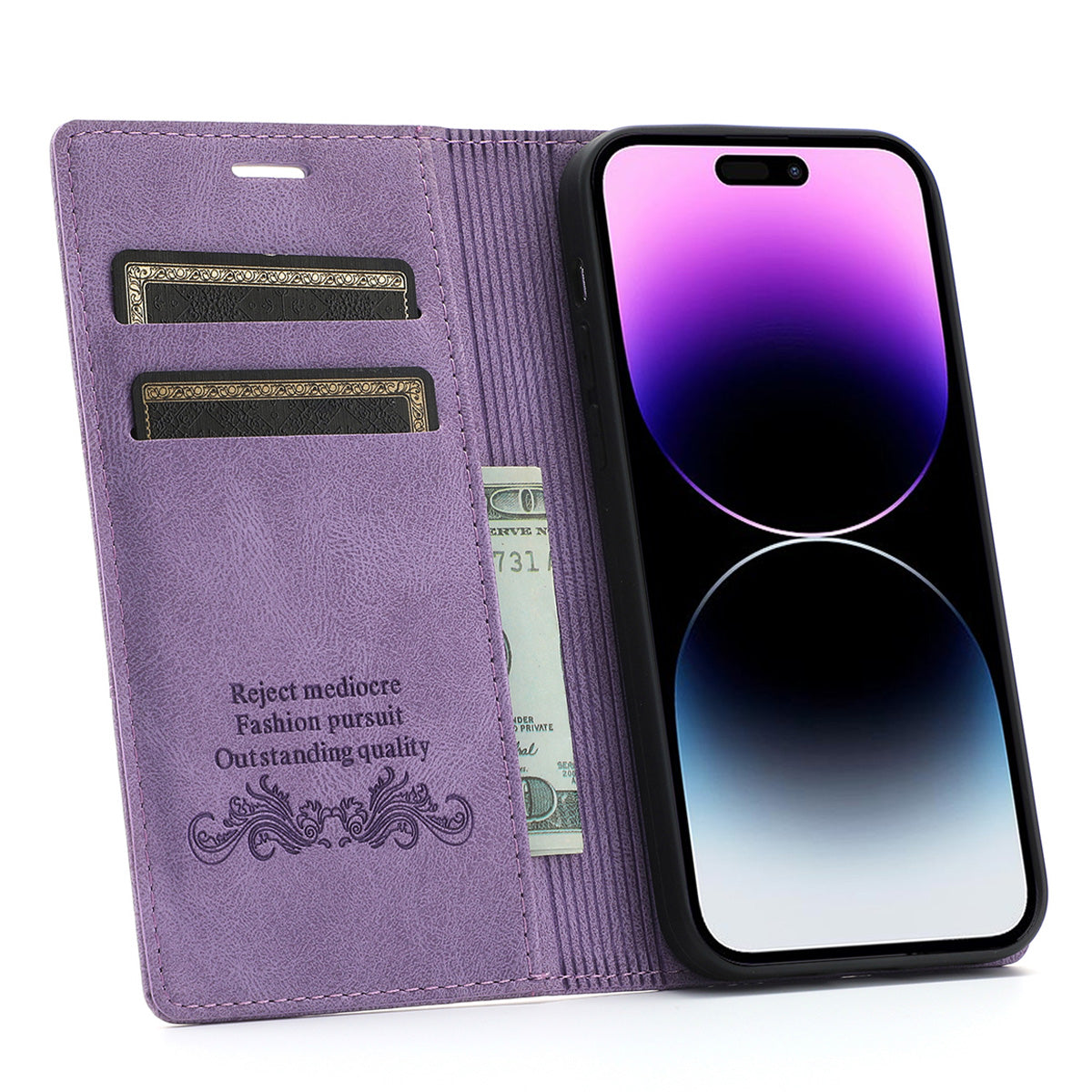 Wallet Phone Case for iPhone 15 Pro Max , PU Leather Stand Protective Phone Cover - Purple