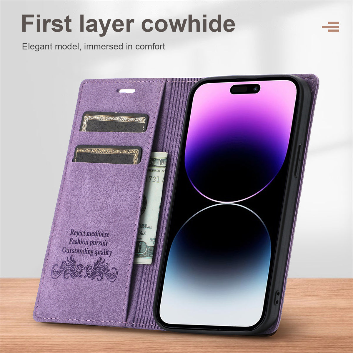 Wallet Phone Case for iPhone 15 Pro Max , PU Leather Stand Protective Phone Cover - Purple