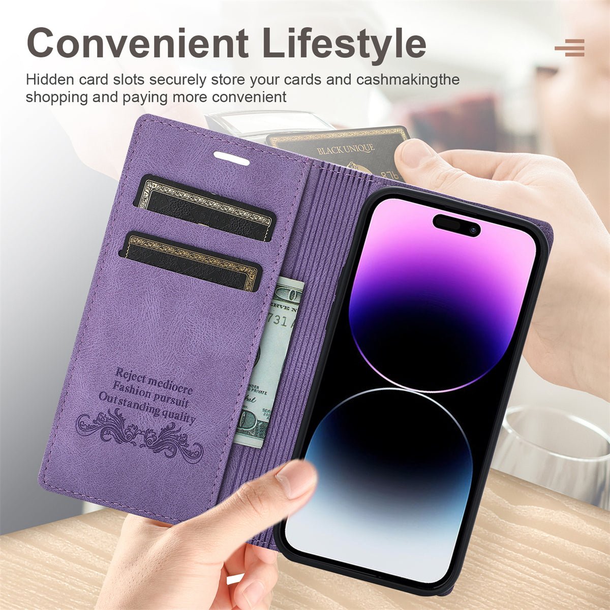 Wallet Phone Case for iPhone 15 Pro Max , PU Leather Stand Protective Phone Cover - Purple