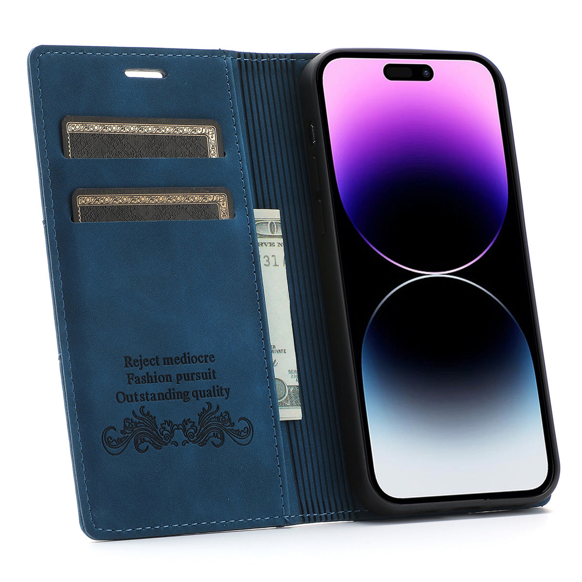 Wallet Phone Case for iPhone 15 Pro Max , PU Leather Stand Protective Phone Cover - Blue