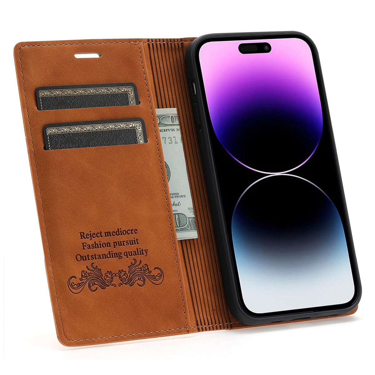 Wallet Phone Case for iPhone 15 Pro Max , PU Leather Stand Protective Phone Cover - Brown