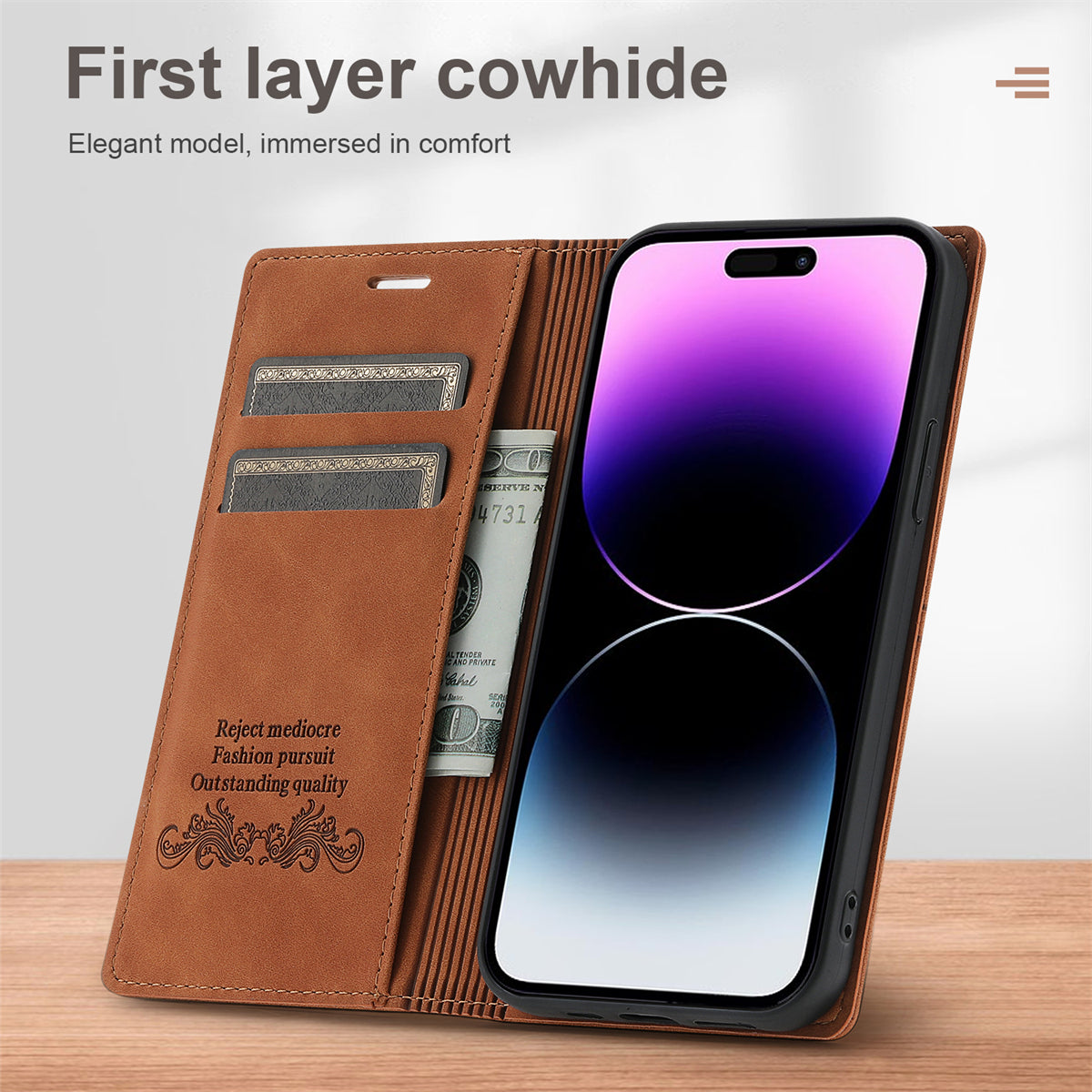 Wallet Phone Case for iPhone 15 Pro Max , PU Leather Stand Protective Phone Cover - Brown