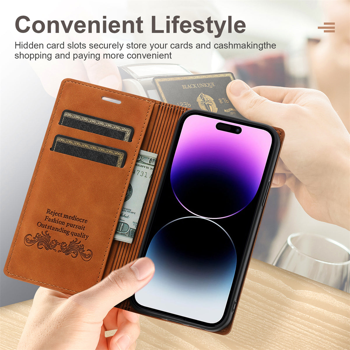 Wallet Phone Case for iPhone 15 Pro Max , PU Leather Stand Protective Phone Cover - Brown