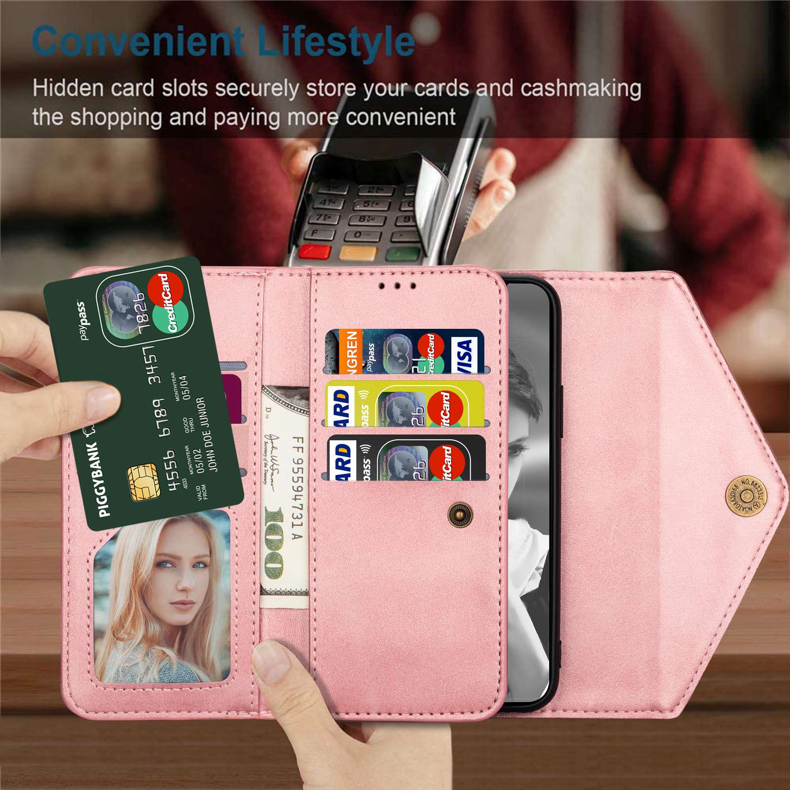 Uniqkart For iPhone 15 PU Leather Zipper Pocket Wallet Case Phone Stand Cover with Short + Long Strap - Rose Gold