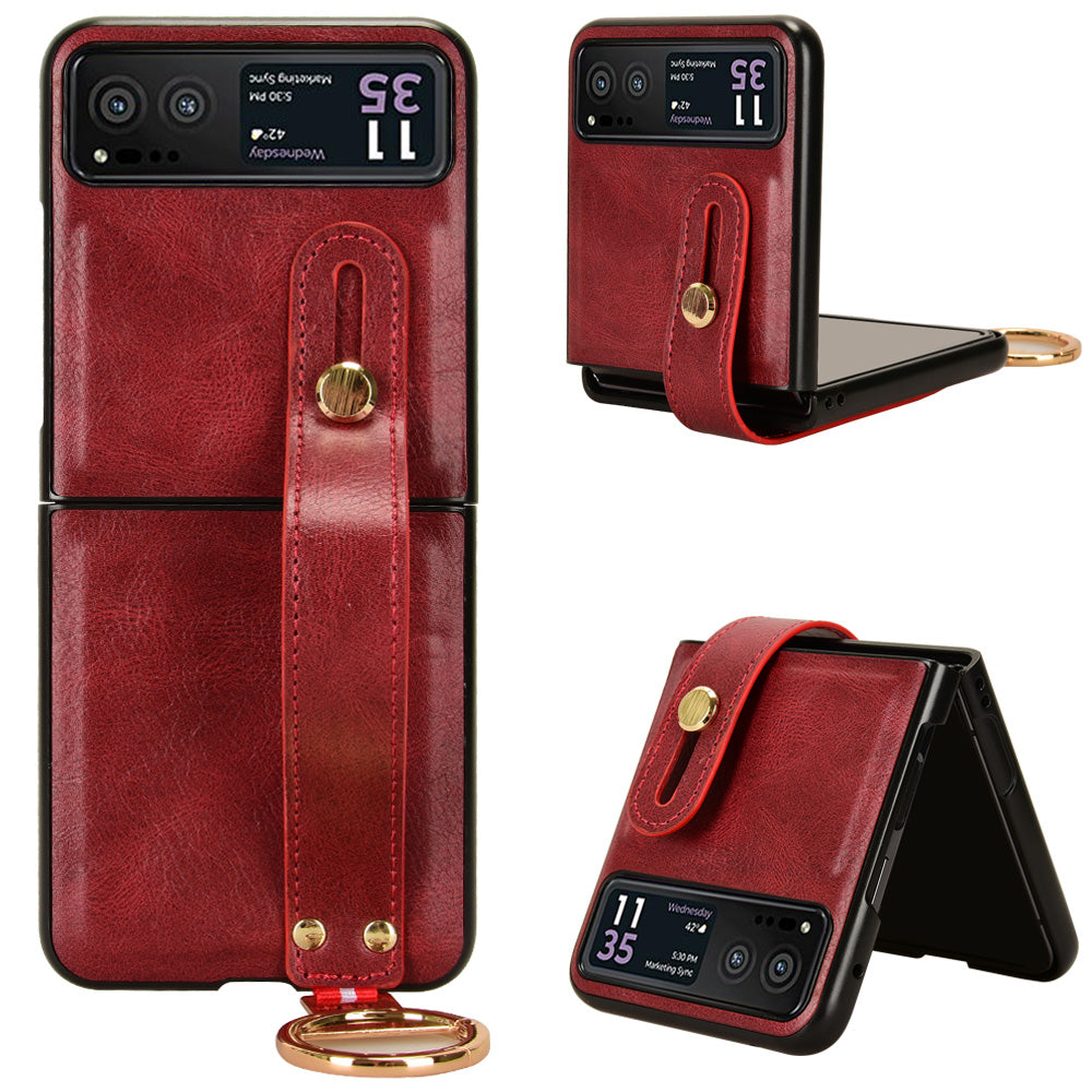 Wristband Phone Cover for Motorola Razr 40 5G , Leather Coating PC+TPU Back Case with Neck Strap - Red