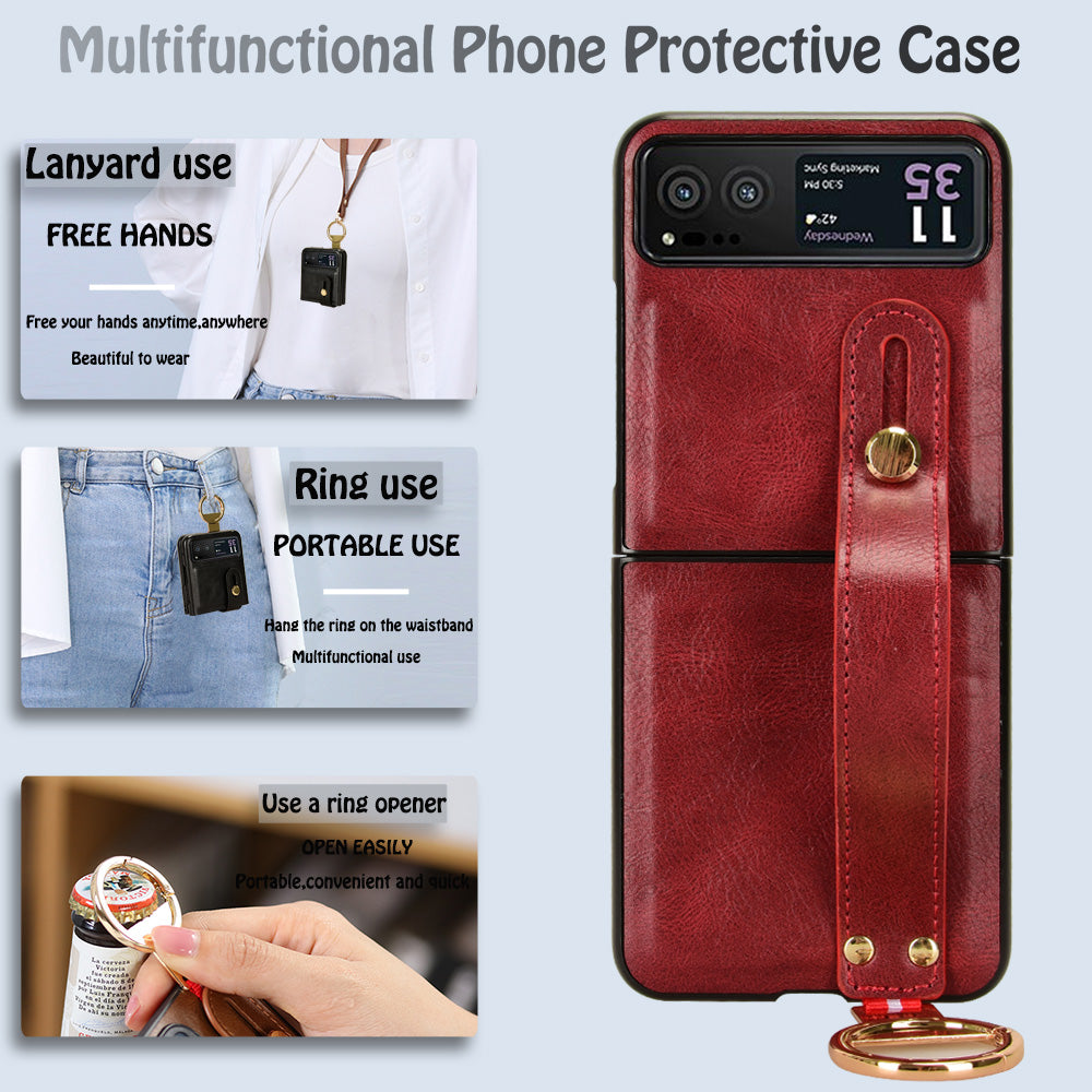 Wristband Phone Cover for Motorola Razr 40 5G , Leather Coating PC+TPU Back Case with Neck Strap - Red