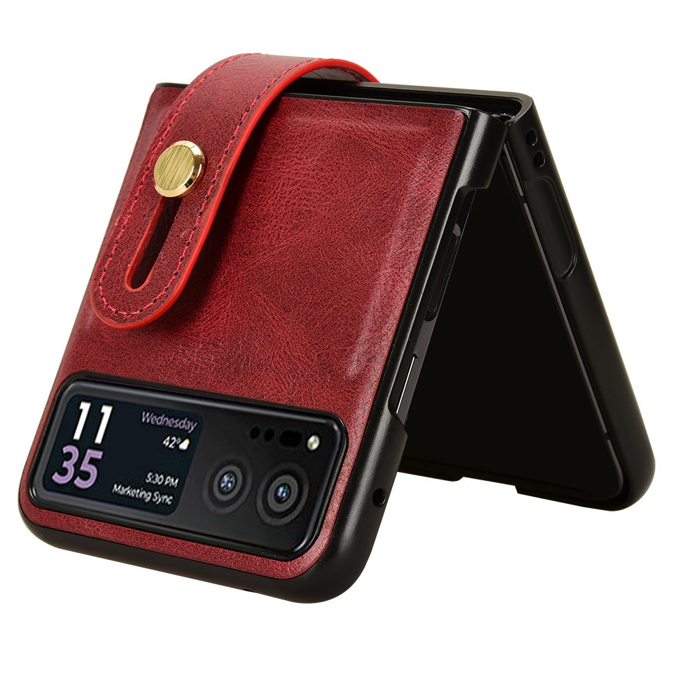 Wristband Phone Cover for Motorola Razr 40 5G , Leather Coating PC+TPU Back Case with Neck Strap - Red