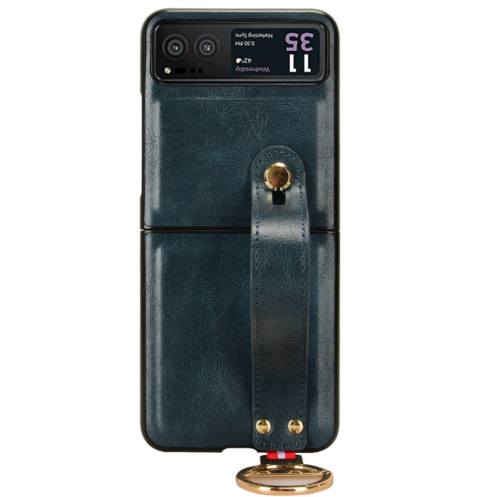 Wristband Phone Cover for Motorola Razr 40 5G , Leather Coating PC+TPU Back Case with Neck Strap - Blue