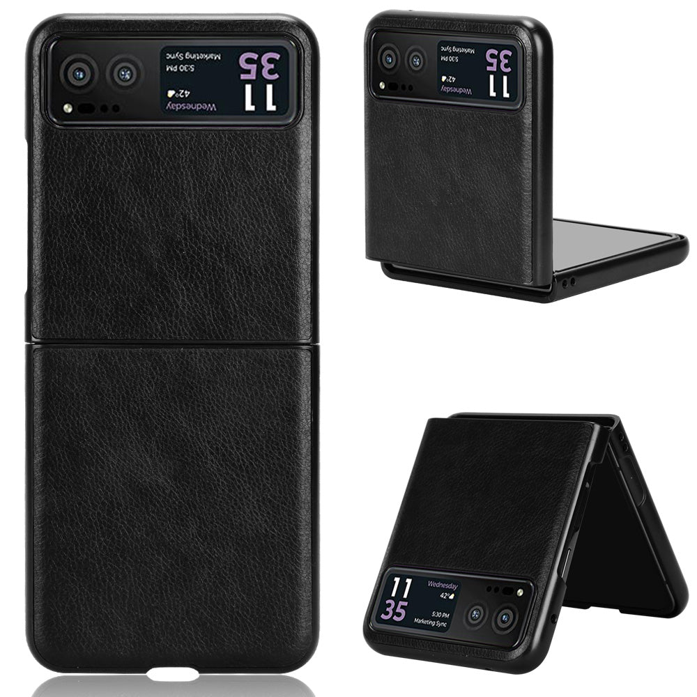 Uniqkart for Motorola Razr 40 5G Phone Back Case PU Leather Coated PC Litchi Texture Protection Phone Cover - Black