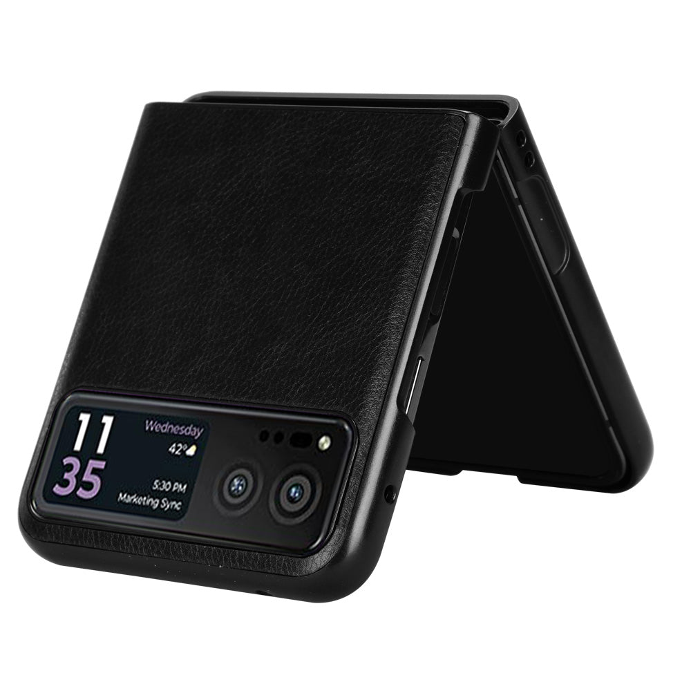 Uniqkart for Motorola Razr 40 5G Phone Back Case PU Leather Coated PC Litchi Texture Protection Phone Cover - Black
