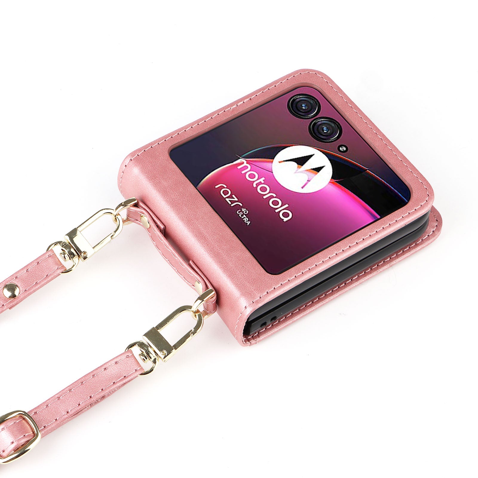 for Motorola Razr 40 Ultra 5G Hard PC + PU Leather Cover One-piece Design Card Slots Phone Case with Lanyard - Pink