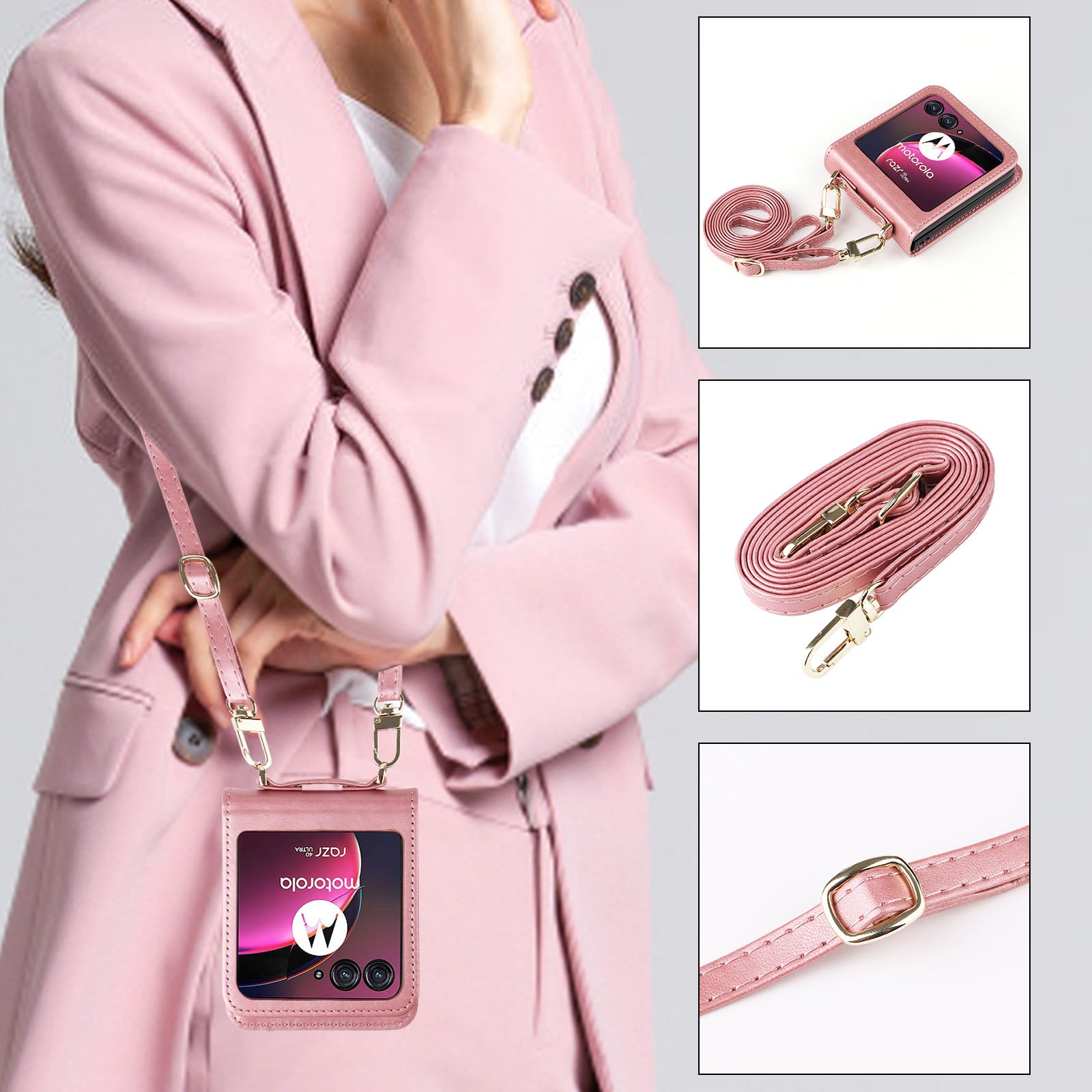 for Motorola Razr 40 Ultra 5G Hard PC + PU Leather Cover One-piece Design Card Slots Phone Case with Lanyard - Pink