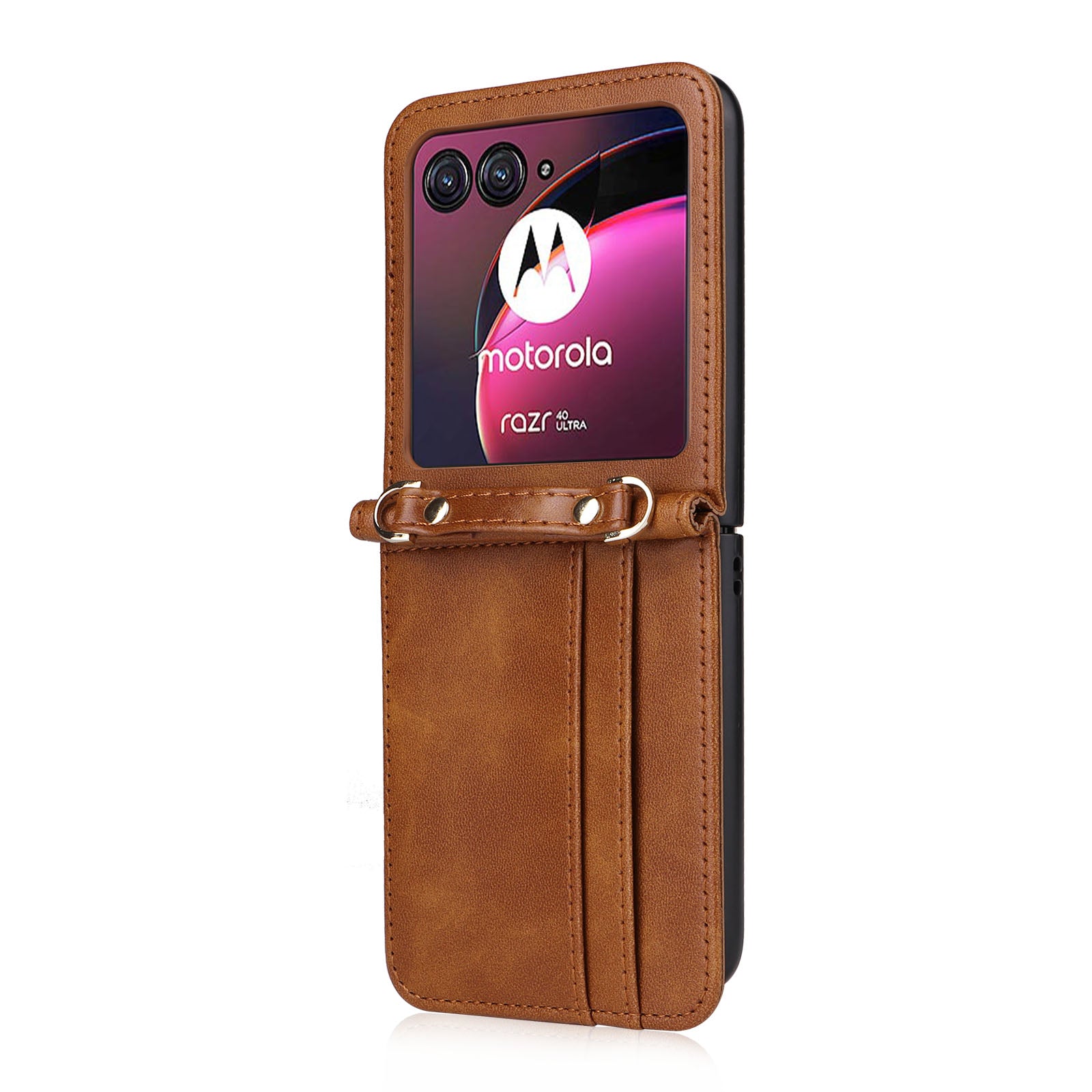 for Motorola Razr 40 Ultra 5G Hard PC + PU Leather Cover One-piece Design Card Slots Phone Case with Lanyard - Brown