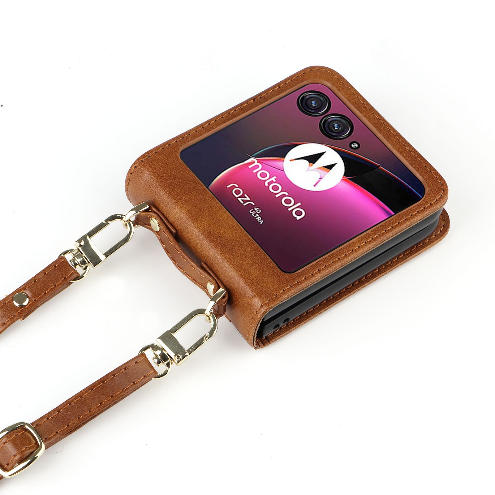 for Motorola Razr 40 Ultra 5G Hard PC + PU Leather Cover One-piece Design Card Slots Phone Case with Lanyard - Brown