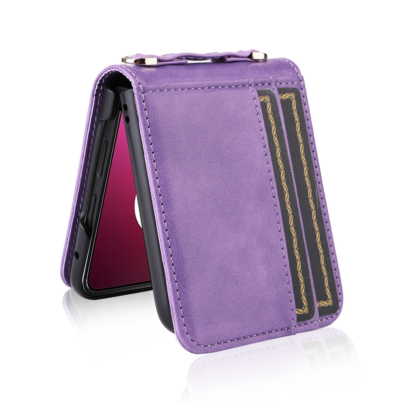 for Motorola Razr 40 Ultra 5G Hard PC + PU Leather Cover One-piece Design Card Slots Phone Case with Lanyard - Purple