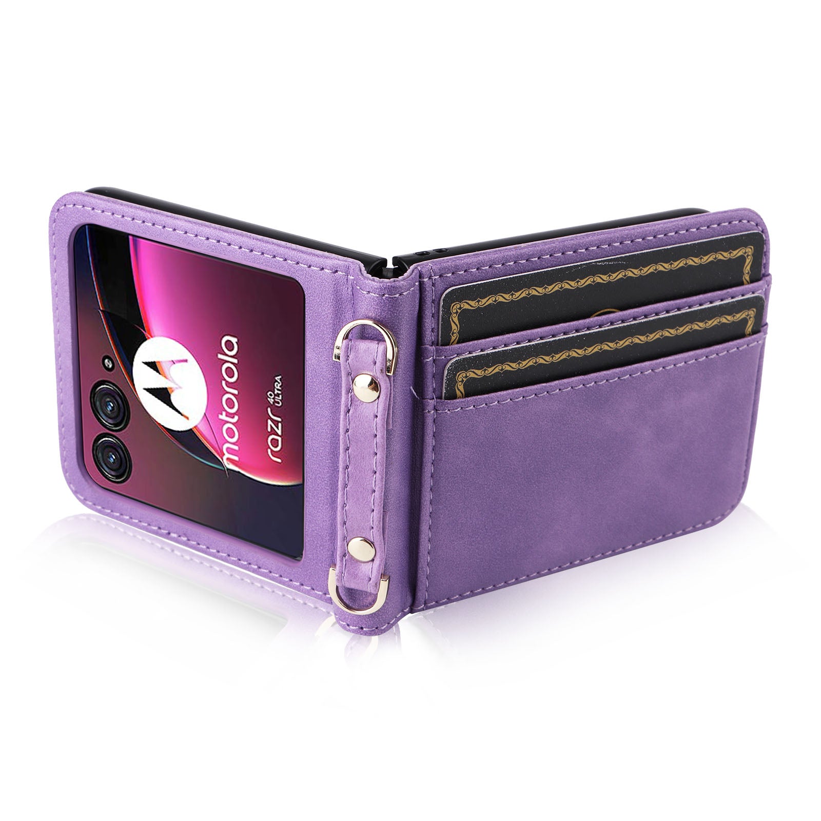 for Motorola Razr 40 Ultra 5G Hard PC + PU Leather Cover One-piece Design Card Slots Phone Case with Lanyard - Purple