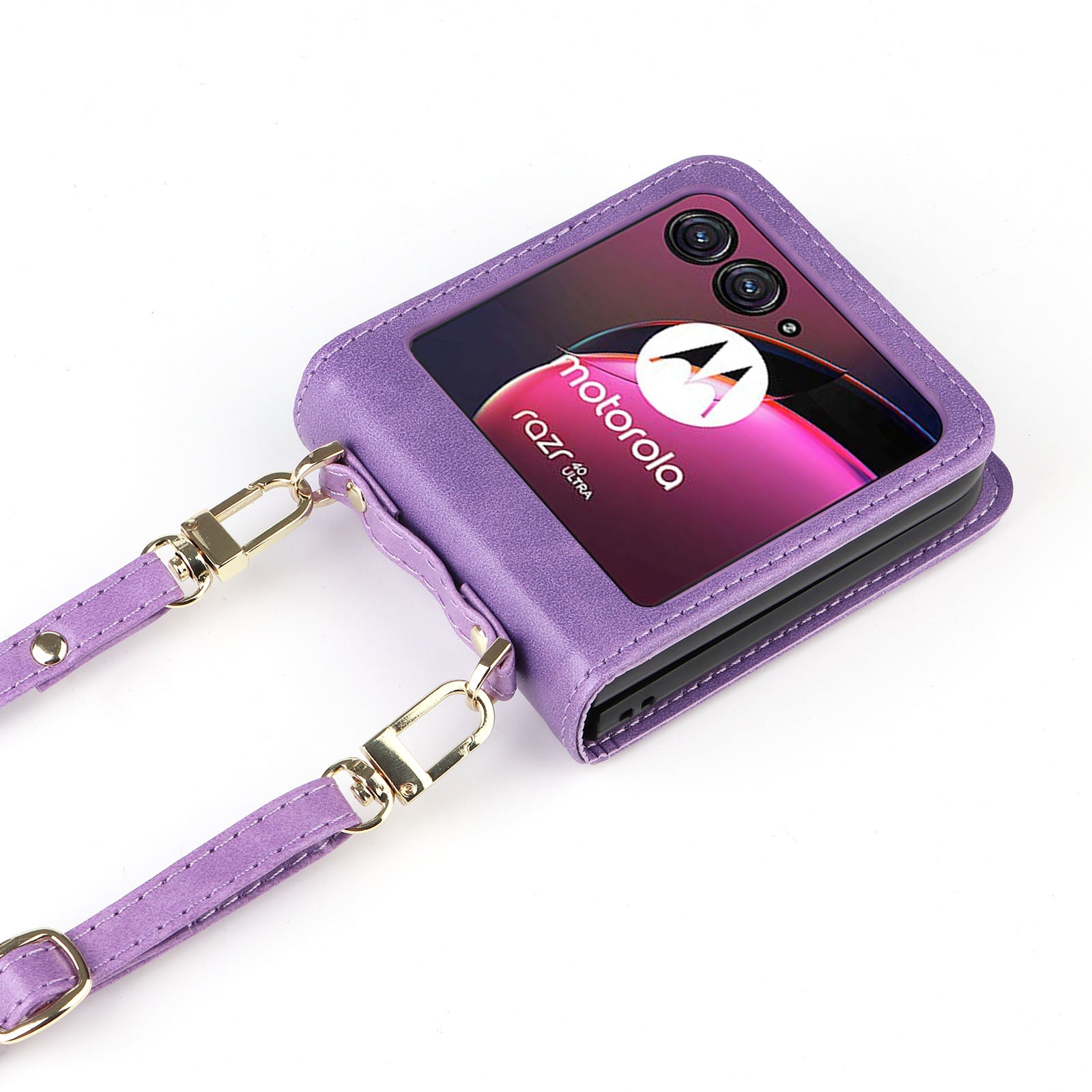 for Motorola Razr 40 Ultra 5G Hard PC + PU Leather Cover One-piece Design Card Slots Phone Case with Lanyard - Purple