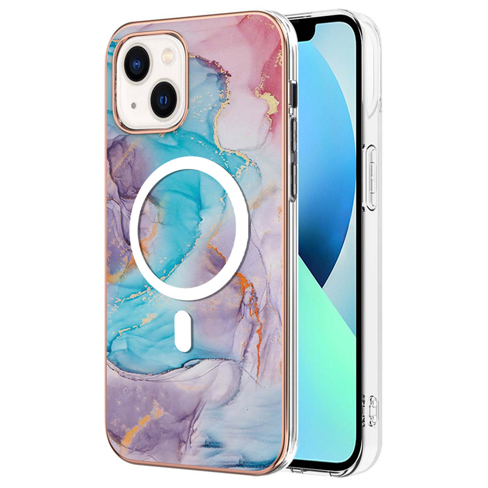 YB IMD Series-19 Magnetic Case for iPhone 15 Compatible with MagSafe, 2.0mm TPU Pattern IMD Electroplated Phone Cover - Marble Blue