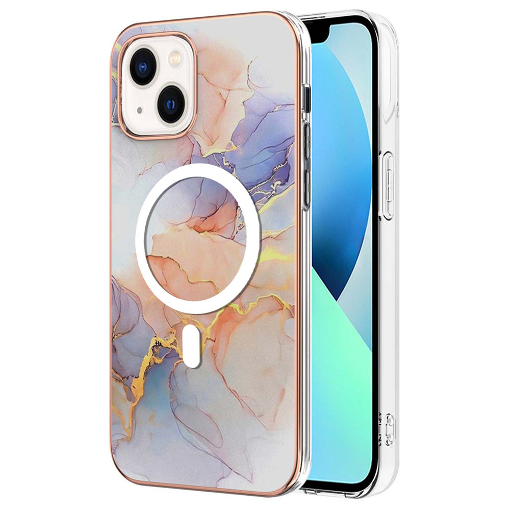 YB IMD Series-19 Magnetic Case for iPhone 15 Compatible with MagSafe, 2.0mm TPU Pattern IMD Electroplated Phone Cover - Marble White