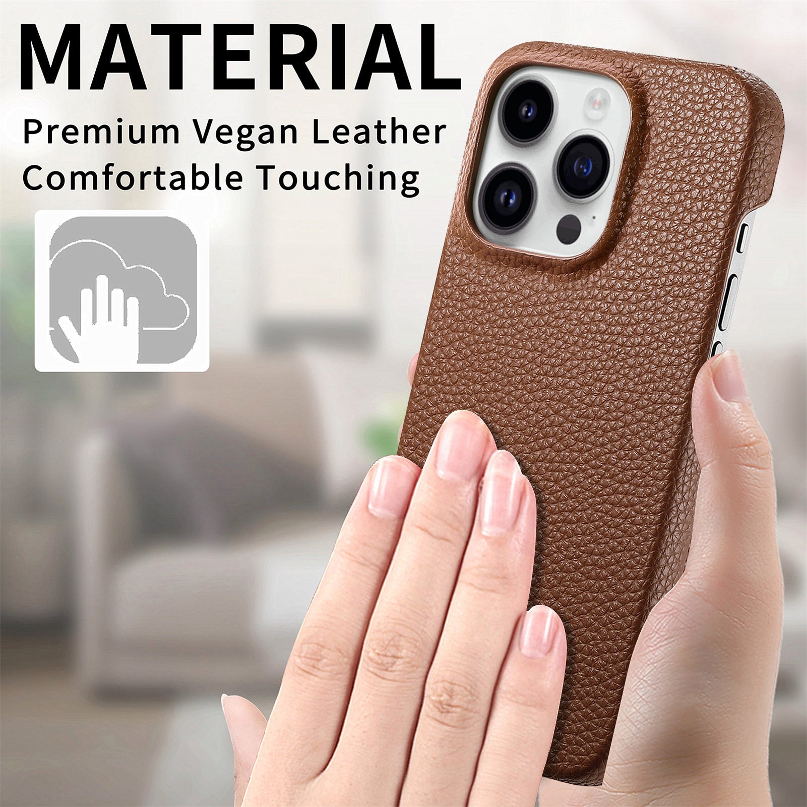 Back Case for iPhone 15 Pro Anti-fingerprint Solid Color Litchi Texture PU Leather Coated PC Phone Cover - Brown