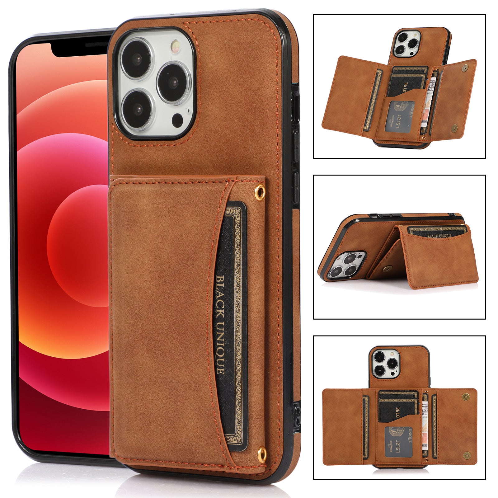 Wallet Phone Case for iPhone 15 Pro Max , PU Leather Coated TPU Kickstand Phone Cover - Brown