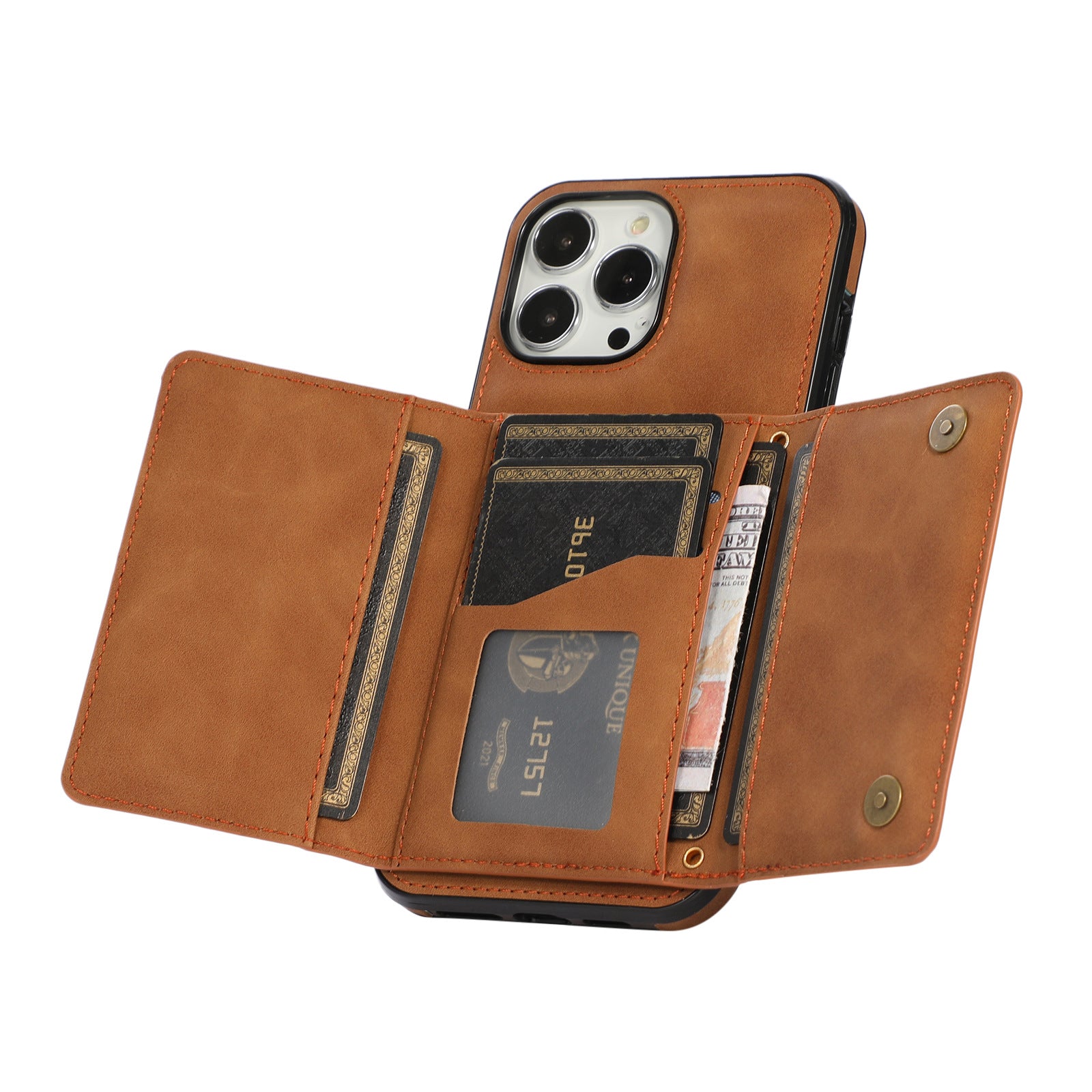 Wallet Phone Case for iPhone 15 Pro Max , PU Leather Coated TPU Kickstand Phone Cover - Brown