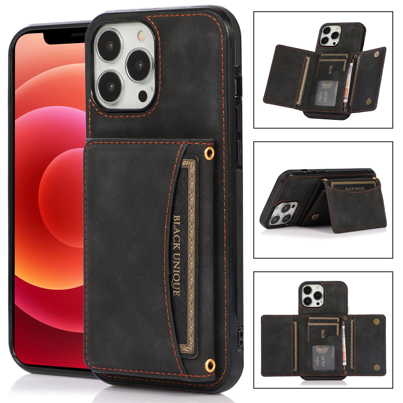 Wallet Phone Case for iPhone 15 Pro Max , PU Leather Coated TPU Kickstand Phone Cover - Black