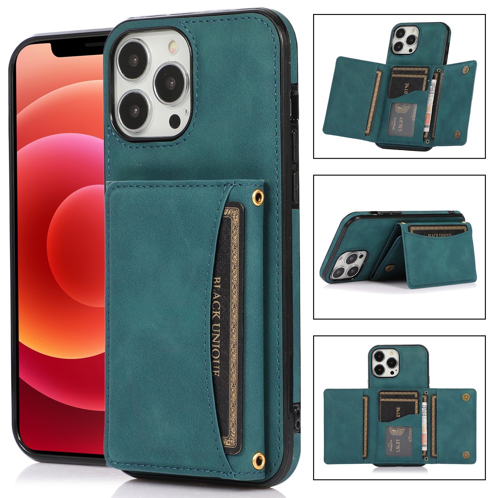 Wallet Phone Case for iPhone 15 Pro Max , PU Leather Coated TPU Kickstand Phone Cover - Blue