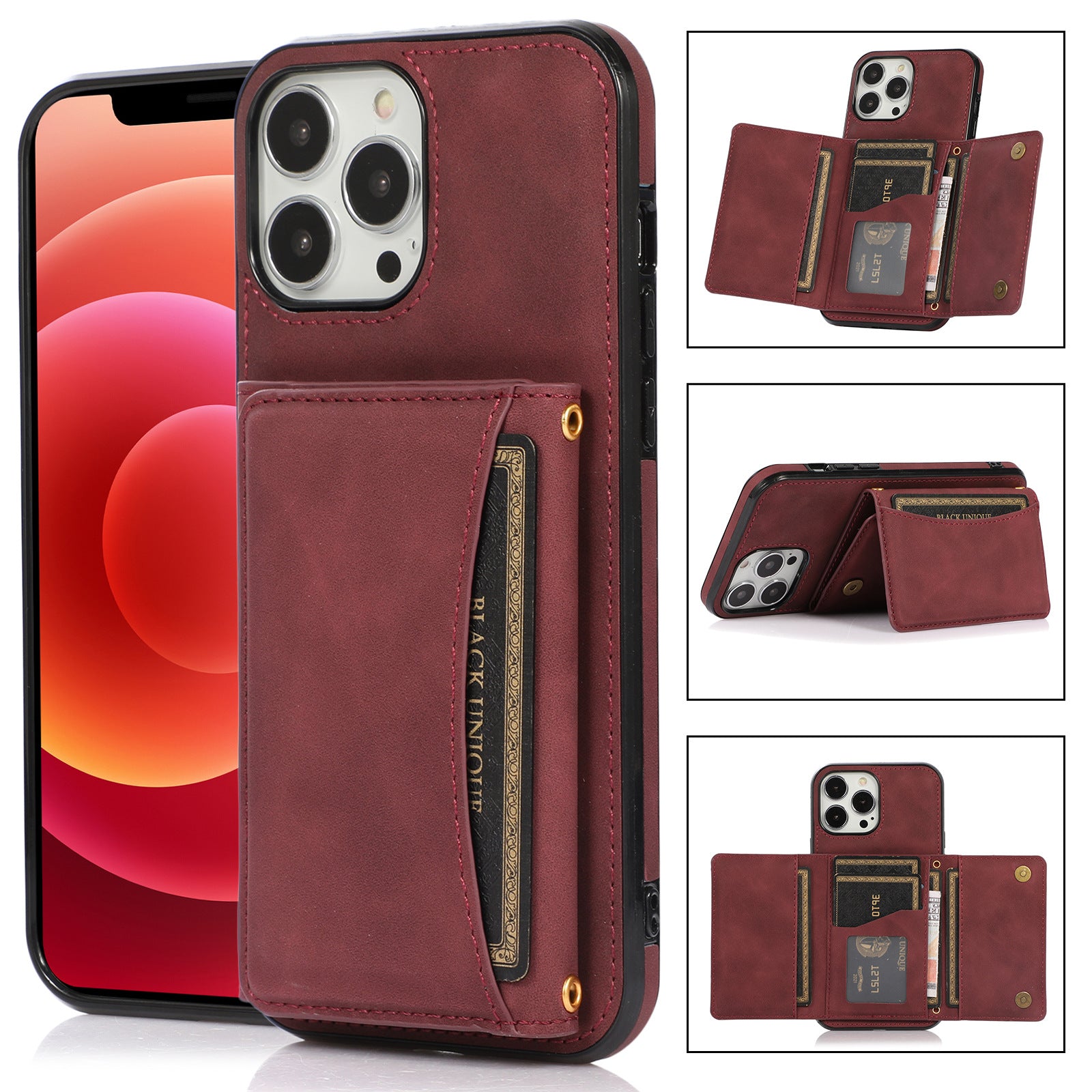 Wallet Phone Case for iPhone 15 Pro Max , PU Leather Coated TPU Kickstand Phone Cover - Wine Red