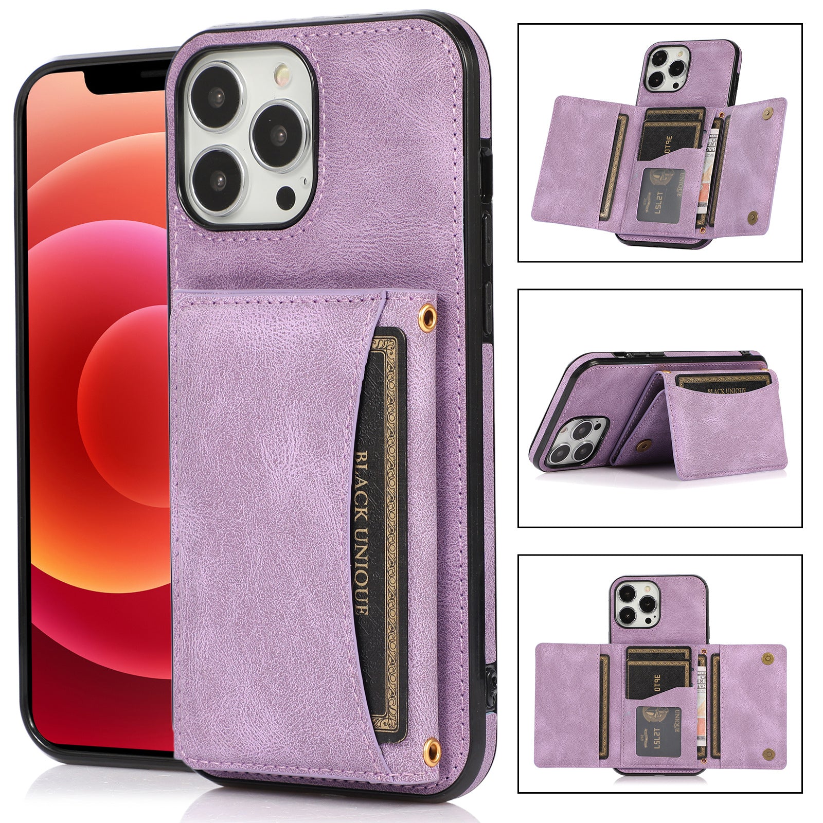 Wallet Phone Case for iPhone 15 Pro Max , PU Leather Coated TPU Kickstand Phone Cover - Purple