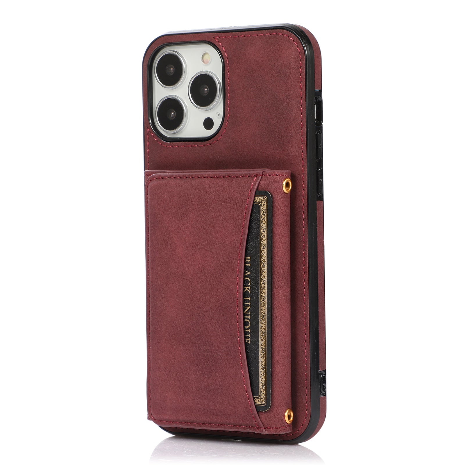 Wallet PU Leather Coated TPU Case for iPhone 15 Plus , Kickstand Protective Phone Cover - Wine Red