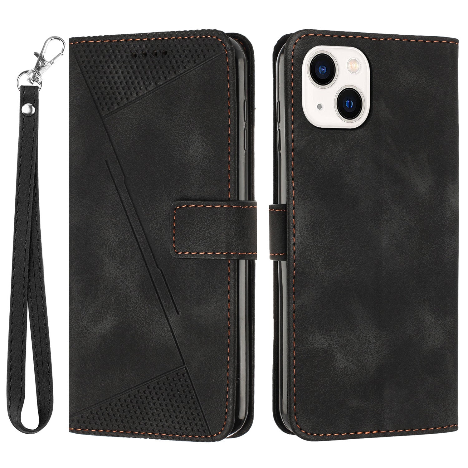 Wallet Cover for iPhone 15 , Imprinted Triangle Pattern PU Leather Stand Phone Case with Hand Strap - Black