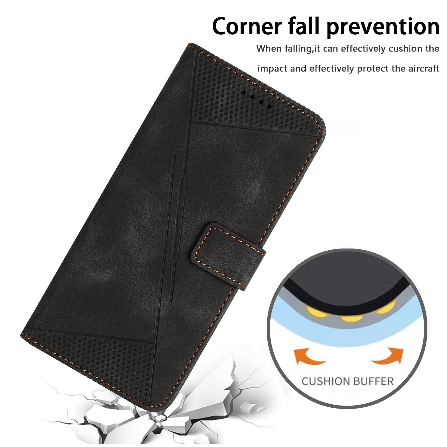 Wallet Cover for iPhone 15 , Imprinted Triangle Pattern PU Leather Stand Phone Case with Hand Strap - Black