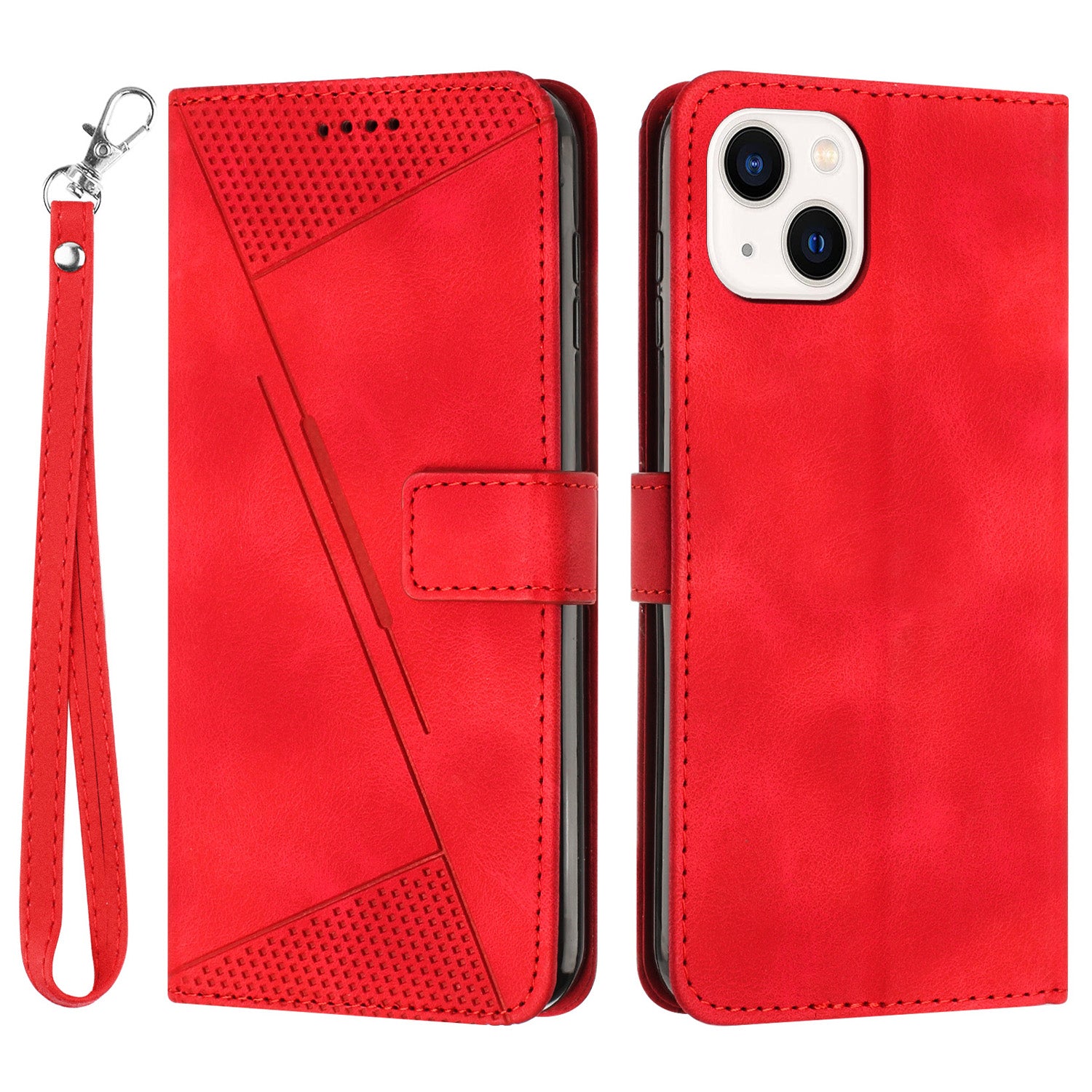 Wallet Cover for iPhone 15 , Imprinted Triangle Pattern PU Leather Stand Phone Case with Hand Strap - Red