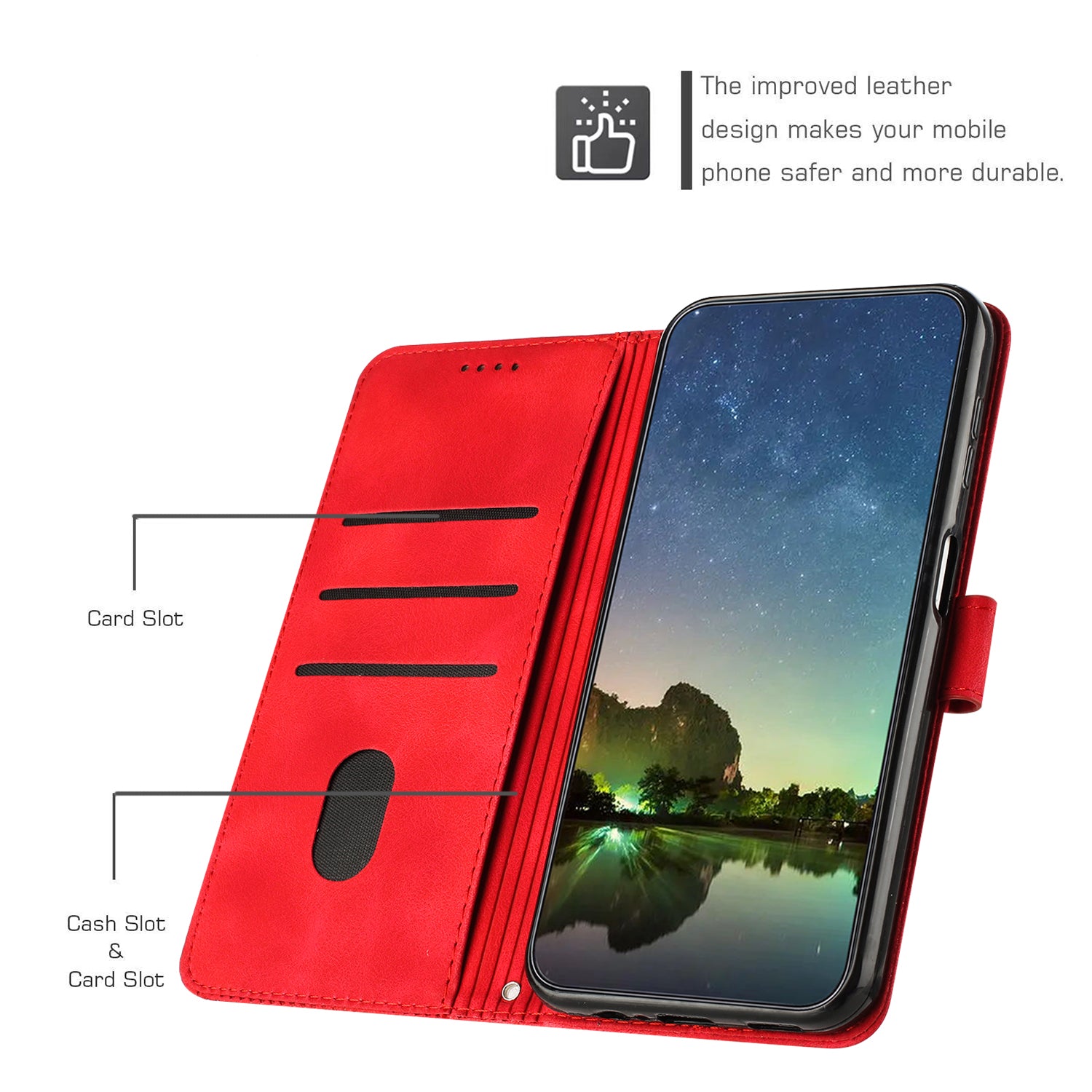 Wallet Cover for iPhone 15 , Imprinted Triangle Pattern PU Leather Stand Phone Case with Hand Strap - Red