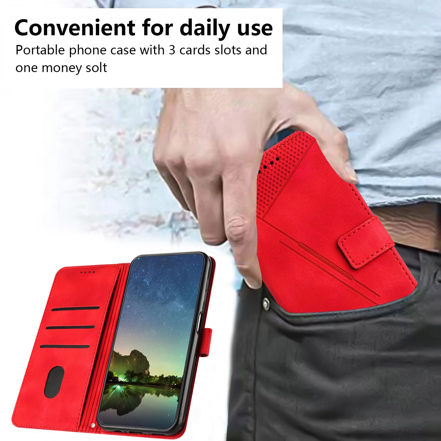 Wallet Cover for iPhone 15 , Imprinted Triangle Pattern PU Leather Stand Phone Case with Hand Strap - Red