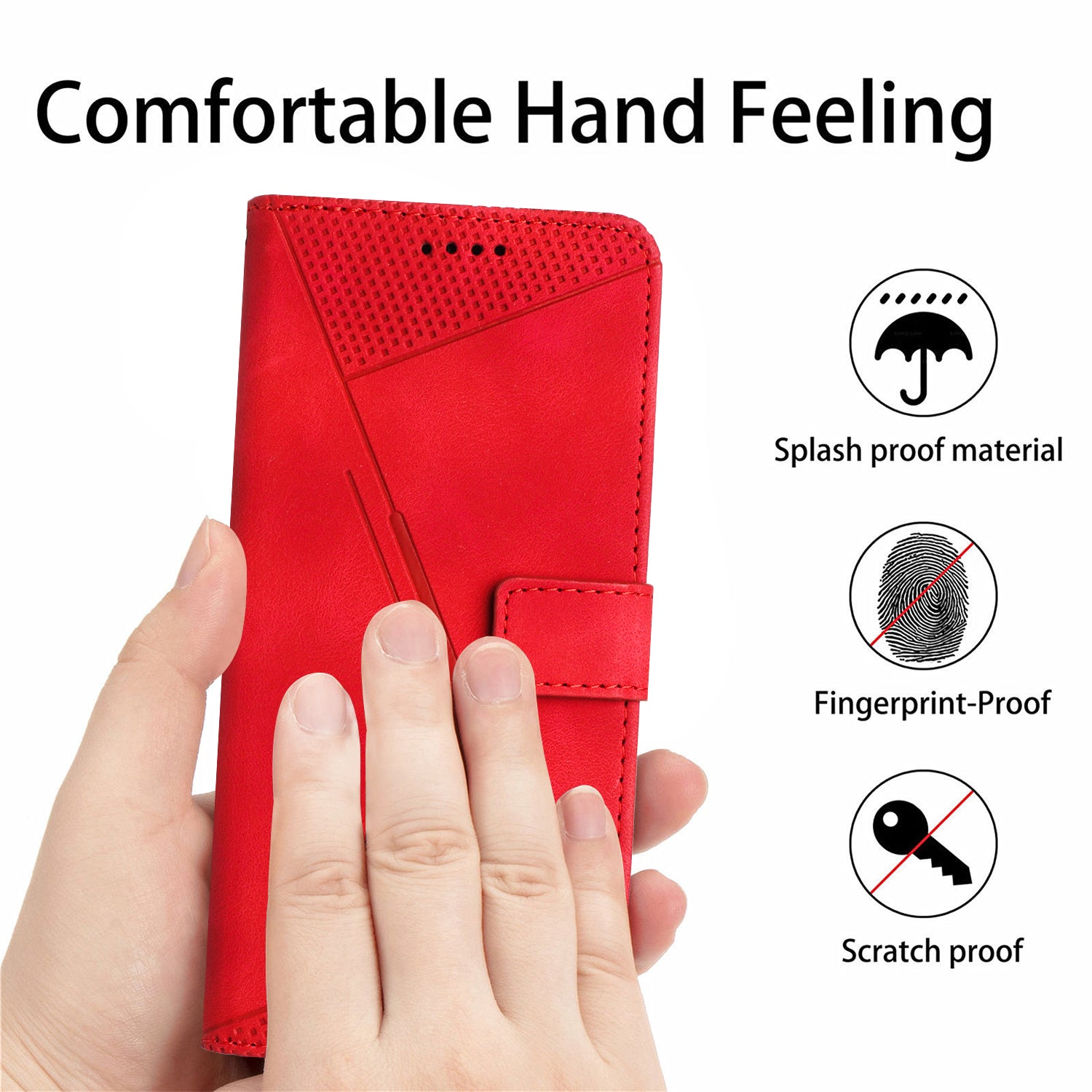 Wallet Cover for iPhone 15 , Imprinted Triangle Pattern PU Leather Stand Phone Case with Hand Strap - Red