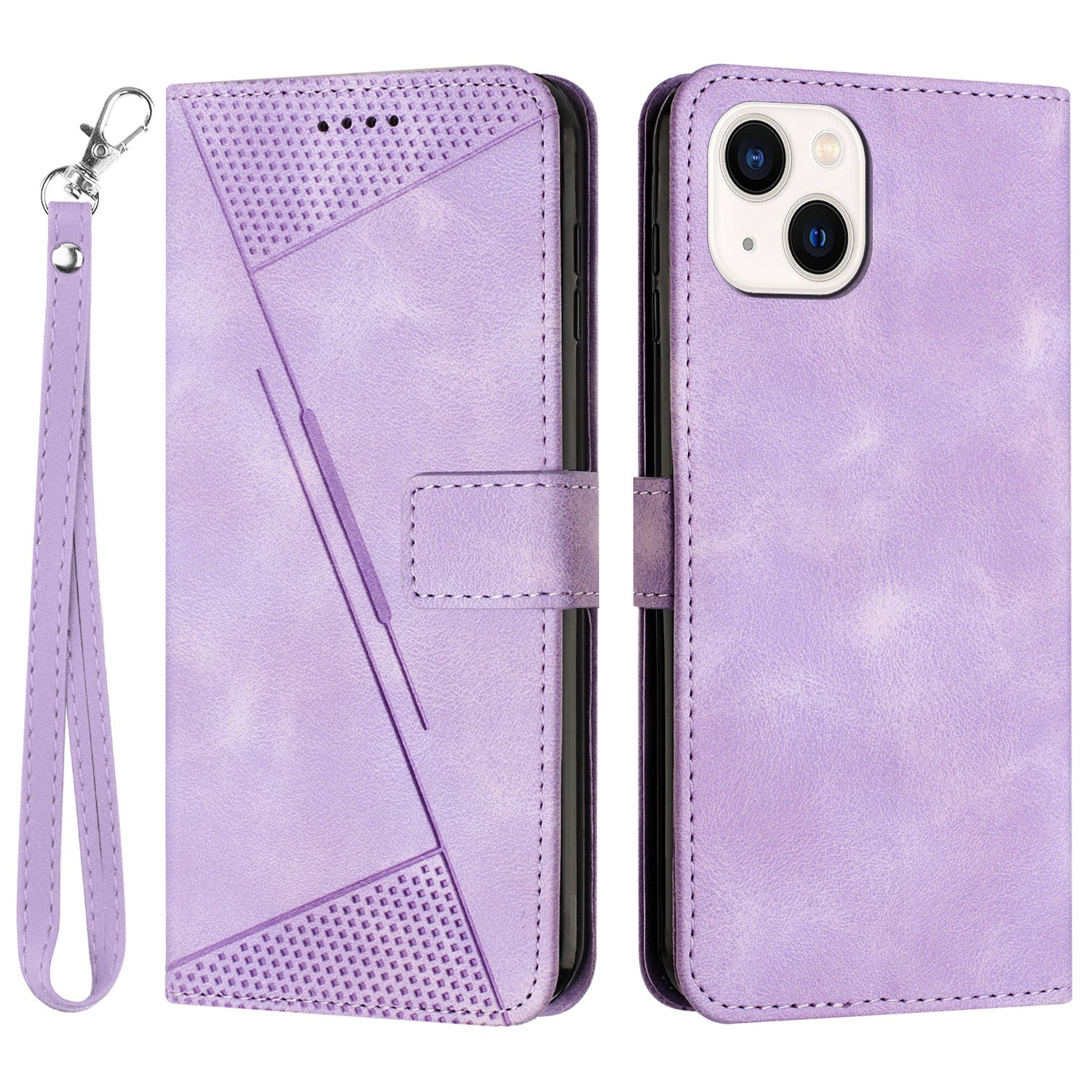 Wallet Cover for iPhone 15 , Imprinted Triangle Pattern PU Leather Stand Phone Case with Hand Strap - Purple