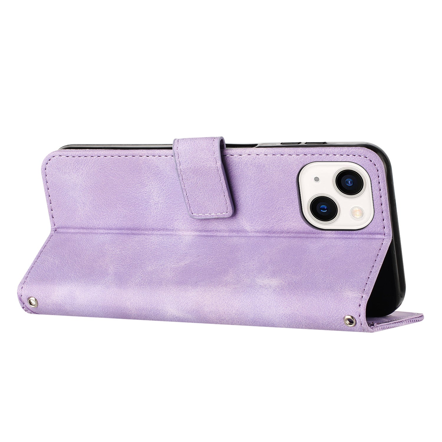 Wallet Cover for iPhone 15 , Imprinted Triangle Pattern PU Leather Stand Phone Case with Hand Strap - Purple