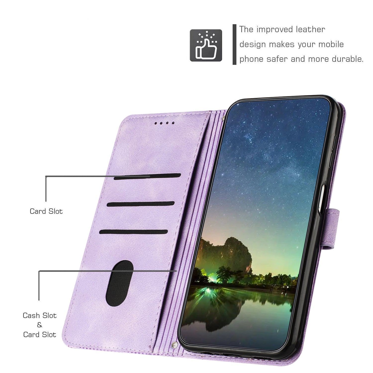 Wallet Cover for iPhone 15 , Imprinted Triangle Pattern PU Leather Stand Phone Case with Hand Strap - Purple